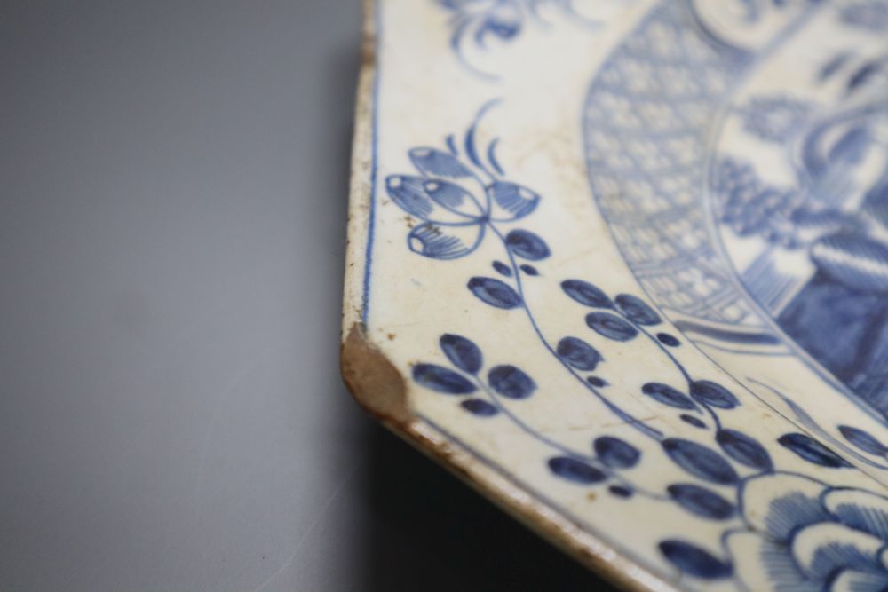 An 18th century bow octagonal blue and white meat plate, perhaps Bow, 38cm wide